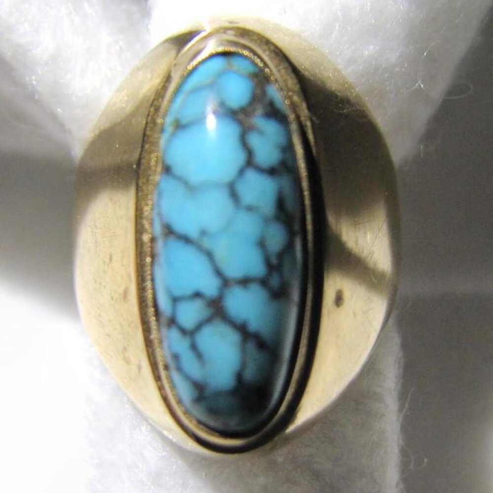 Vintage 14k Yellow SOLID Gold and Persian Turquoise Ring -- Size 7, Heavy 9.1g
